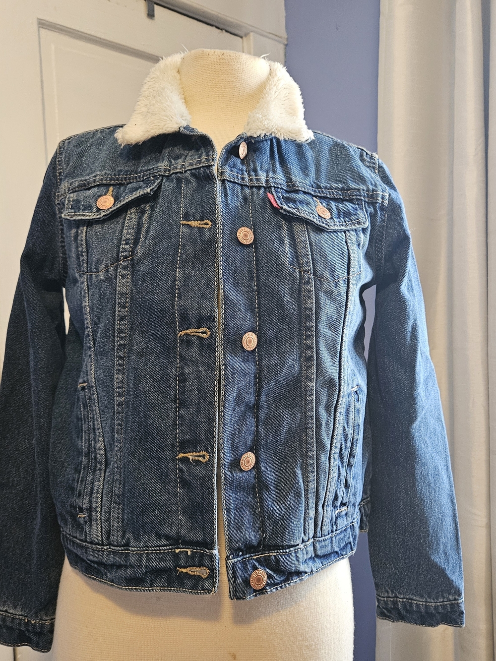 Levi's Kids Dark Blue Denim Jacket with Cream Sherpa Collar